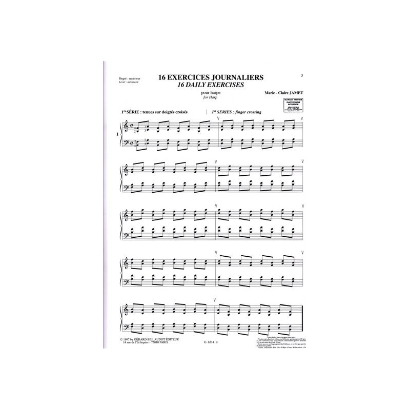 Jamet Marie-Claire - 16 exercices journaliers pour harpe