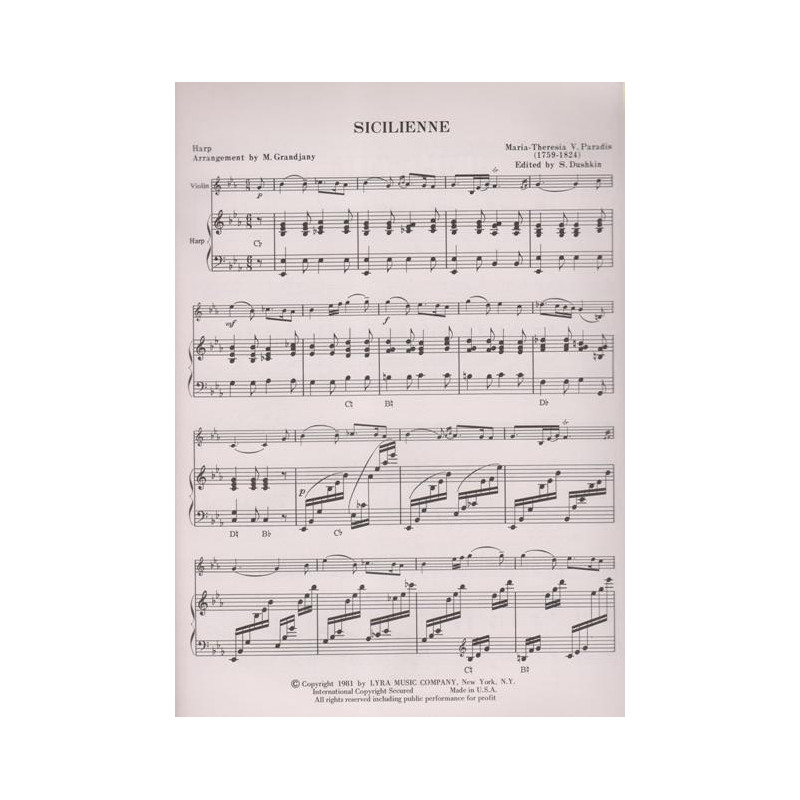 Paradis Maria Theresa - Sicilienne (Violon ou violoncelle & harpe)