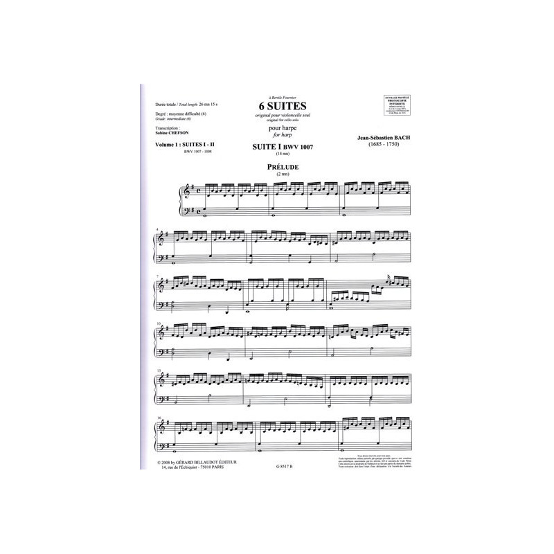 Bach Johann Sebastian - 6 suites (Original pour violoncelle seul) BWV 1007 - 1008