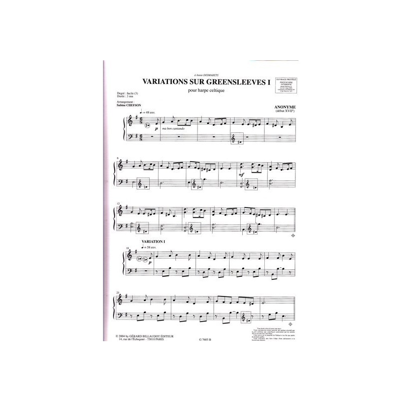 Anonyme - Variations sur Greensleeves vol 1 (harpe celtique)<br>Sabine Chefson