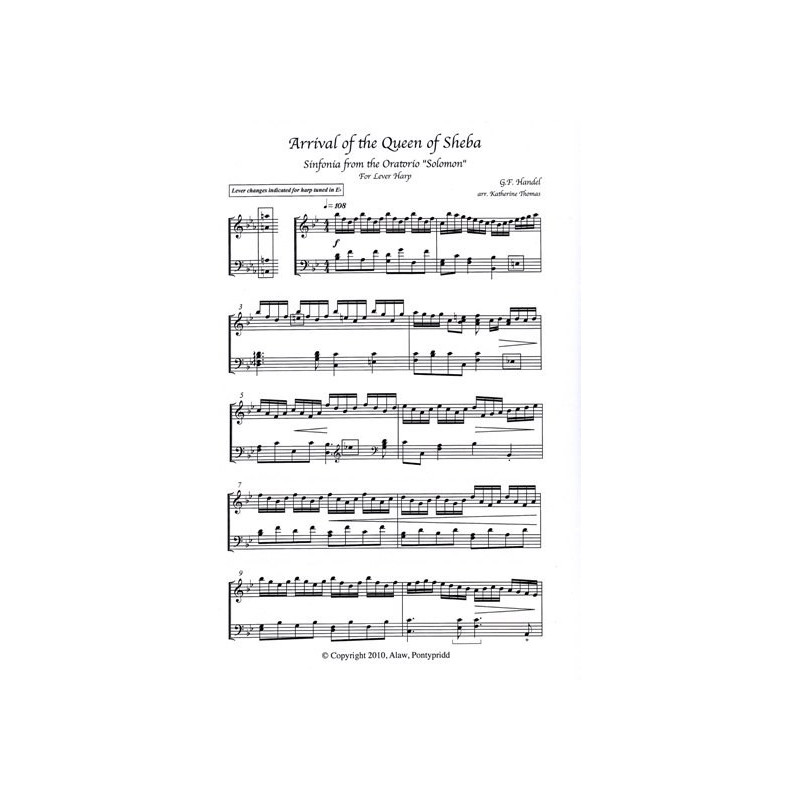 Handel George Frederic - Arrival of the Queen of Sheba (lever harp)<br> Arranged for pedal harp by Katherine Thomas