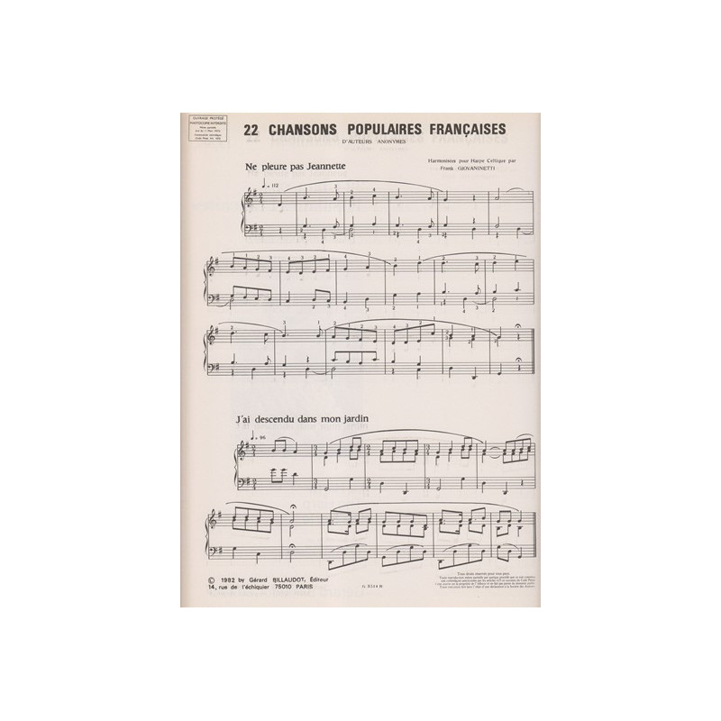 Giovaninetti Frank - 22 chansons populaires françaises pour harp