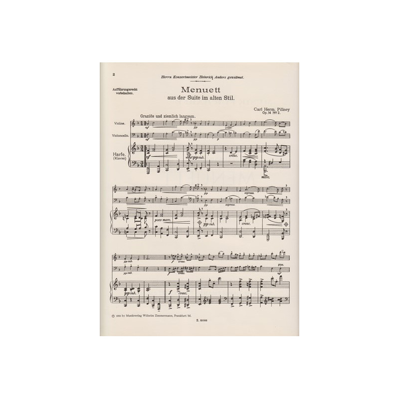Pillney Carl Hermann - Menuet op.14, 2 (violon, violoncelle & harpe)